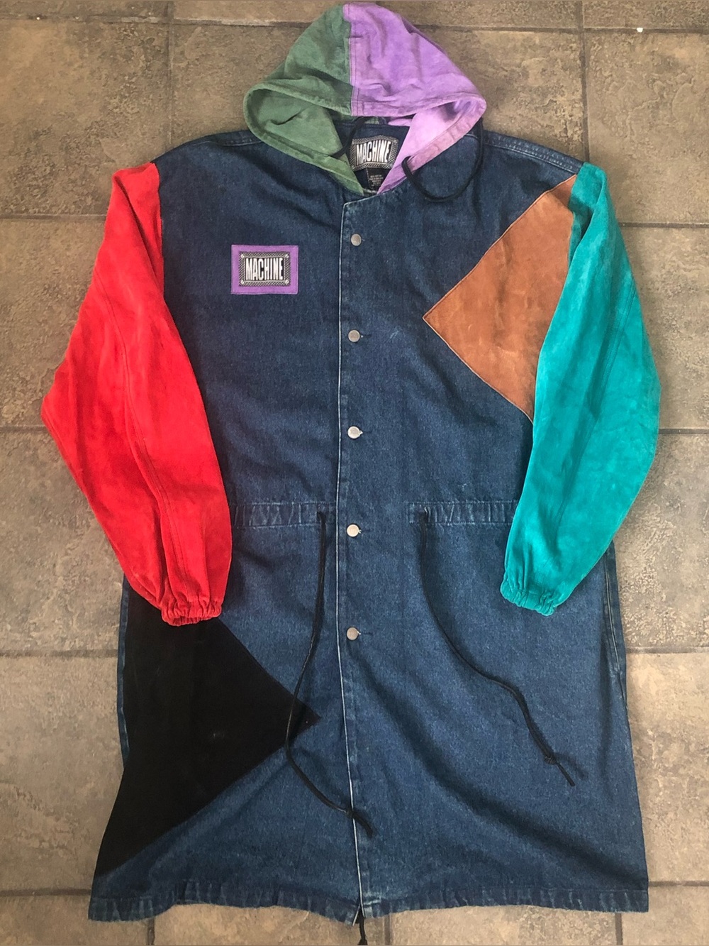 Vintage Machine Size 1 Denim/Multi Blocked Suede Men's Jacket Trench Coat